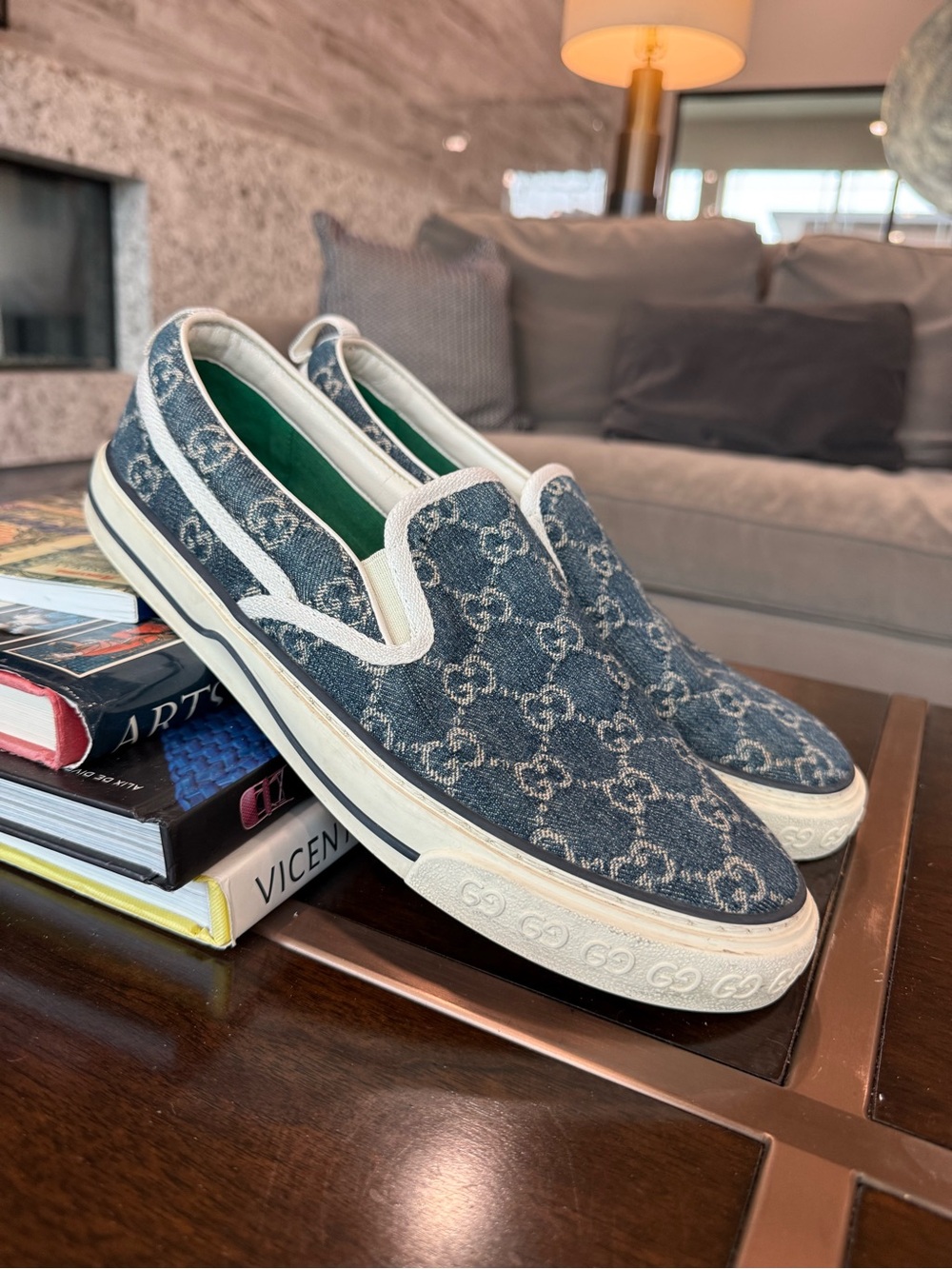 Gucci Blue Denim Monimogram  Slip-On Sneakers with White Trim.   EU 9. USA 10